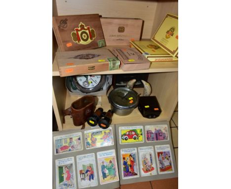 A GROUP OF CLOCKS, BINOCULARS, MODEL SHIP, POSTCARDS AND SUNDRY ITEMS, comprising a mid-twentieth century Mercer ships clock 