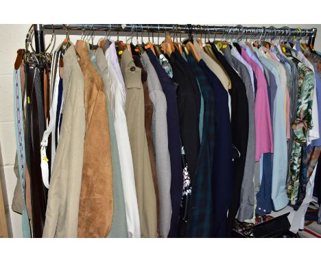 A QUANTITY OF VINTAGE MENS CLOTHING TO INCLUDE SUITS,  JACKETS, SHIRTS AND TROUSERS ETC, jacket sizes mostly 46 and 48r, trou