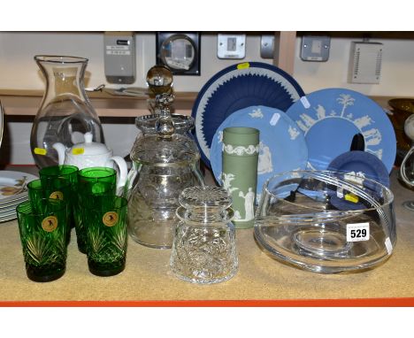 A GROUP OF WEDGWOOD JASPERWARE ITEMS AND CUT CRYSTAL GLASSWARES, to include a Wedgwood jasperware sage green spill vase heigh