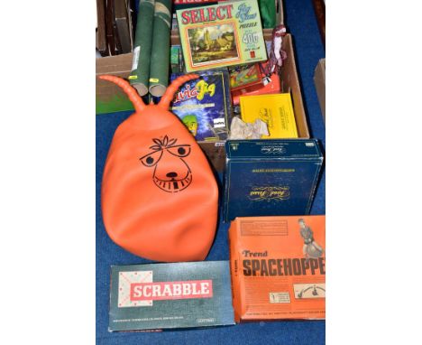 TWO BOXES OF BOARD GAMES, PUZZLES, ETC, including Trivial Pursuits and two subsidiary card sets, Scrabble and Scrabble De Lux