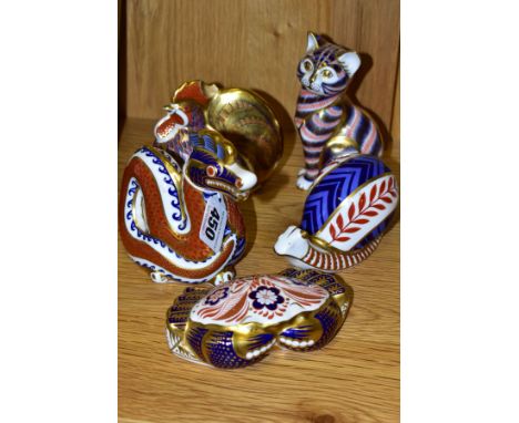 FIVE ROYAL CROWN DERBY PAPERWEIGHTS, comprising a cat height 13cm, no stopper, crab width 11cm, silver stopper (extensive cra