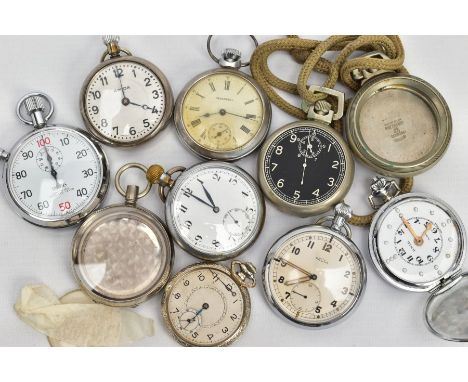 A SELECTION OF POCKET WATCHES AND STOP WATCHES,  to include names such as 'Amida, R.N.I.B, Recta, Ingersoll', two white metal