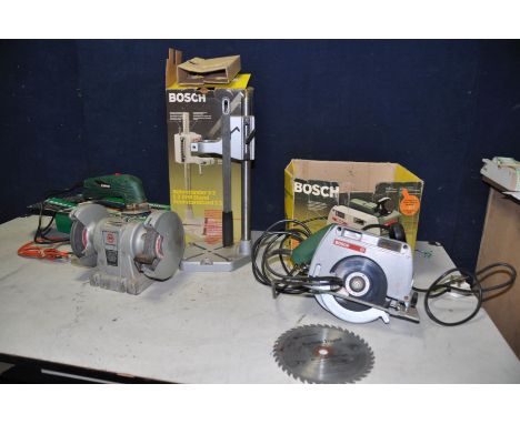 A COLLECTION OF POWERTOOLS comprising of a Bosch PKS46 circular saw (PAT fail due to uninsulated plug but working, a Black an