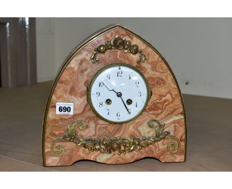 AN EARLY 20TH CENTURY JAPY FRERES ORANGE MARBLE ARCH SHAPED MANTEL CLOCK, the white enamel dial with Arabic numerals, 8  day 