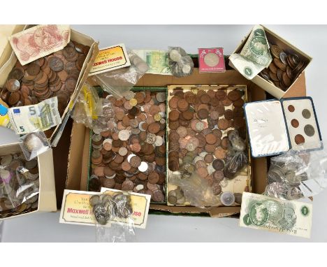 A LARGE BOX OF MIXED WORLD COINAGE, to include over 300 grams of .500 silver coins or better, a packet of around 50 silver th