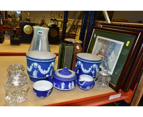 A GROUP OF CERAMICS, GLASSWARES AND PICTURES, to include five pieces of Wedgwood jasperware with impressed marks comprising a