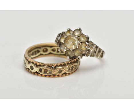 TWO GEM SET RINGS, a two tone white and rose gold ring with colourless stones set around the full band, approximate width 5mm