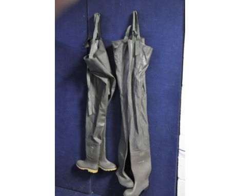 TWO PAIRS OF GREEN DUNLOP FISHING WADERS, the boots of waders are sizes 10 and 11
