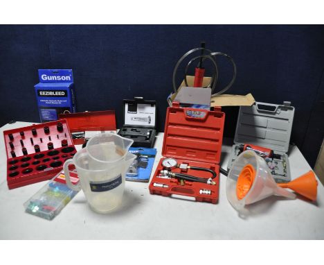 A COLLECTION OF VEHICLE REPAIR TOOLS AND PARTS to include, Am Tech compression tester, Clarke Air rotary/grinder, Clarke 1.5 