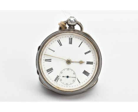 A SILVER OPEN FACE POCKET WATCH, round white dial, Roman numerals, seconds subsidiary dial at the six o'clock position, silve