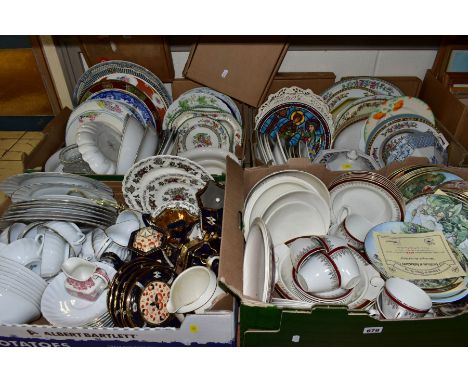 FOUR BOXES OF CERAMIC DINNERWARES ETC, to include an eleven piece Lingard Imari pattern part tea set, a thirty one piece Barr