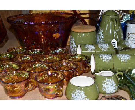 A GROUP OF CERAMICS AND GLASSWARES, to include an Indiana Glass Iridescent Gold Carnival glass punch set in original box, com