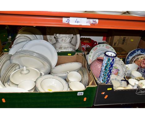 FIVE BOXES OF CERAMICS AND A BAG OF  SUNDRY ITEMS ETC, to include Royal Doulton 'Sophistication' well used part dinner servic