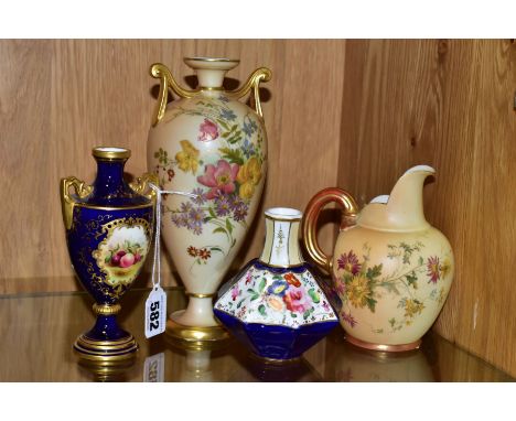 TWO PIECES OF ROYAL WORCESTER BLUSH IVORY PORCELAIN, A COALPORT COBALT BLUE AND GILT FRUIT PAINTED VASE AND ANOTHER VASE, com