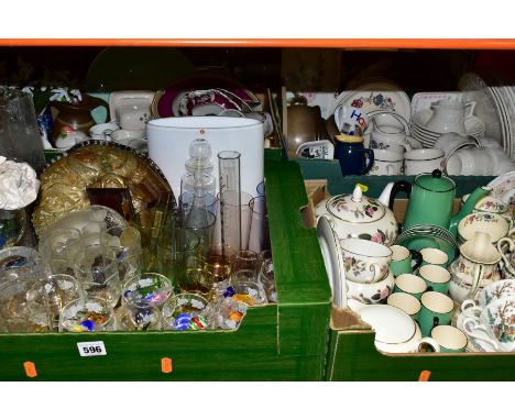 FOUR BOXES OF CERAMICS AND GLASSWARES, to include two Beswick and Royal Albert Old Mr Brown figures, a Royal Doulton DBH1 Pop