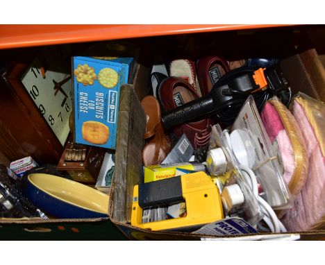 THREE BOXES AND LOOSE PICTURES, CLOCKS, SHOES AND SUNDRY ITEMS, to include a Denby blue and yellow oval serving dish, five la