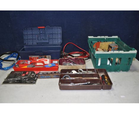 A COLLECTION OF TOOLS to include a plastic toolbox containing spanners, socket set, screwdrivers, car lights and a tray conta