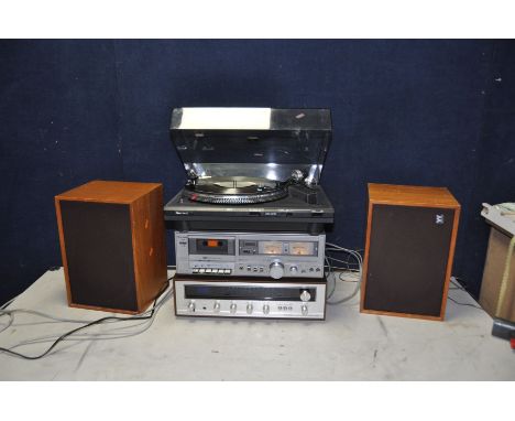 A GARRARD DD400 TURNTABLE, a vintage Pioneer SX-300 Receiver Amplifier, a Toshiba PC-X12 tape player and a pair of Wharfedale