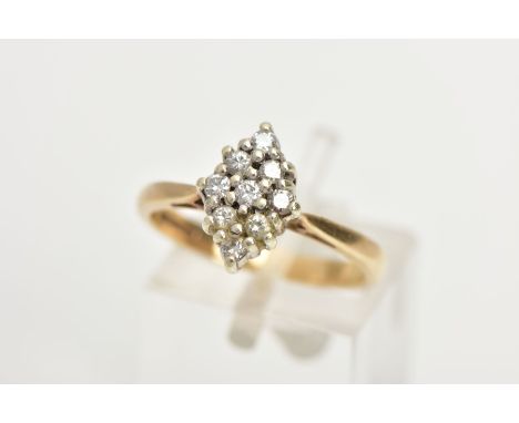 A 9CT GOLD DIAMOND RING, designed with a lozenge shape cluster of claw set, round brilliant cut diamonds, estimated total dia