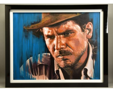 PETE HUMPHREYS (BRITISH CONTEMPORARY), 'HARRISON FORD' a portrait as the Indiania Jones character, signed bottom right, oil o