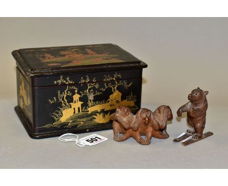 AN EARLY 20TH CENTURY CARVED TREEN BLACK FOREST BEAR ON SKIS, height 6.5cm, s.d., a Japanese carved wood three wise monkeys, 