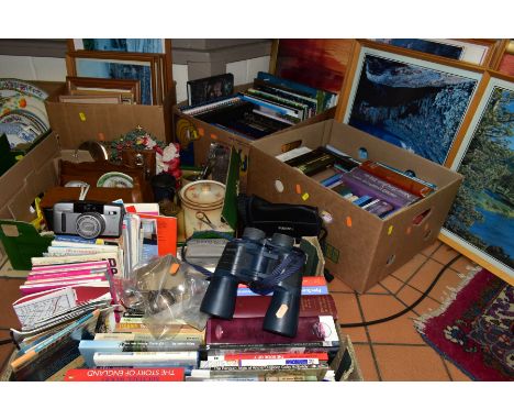 FIVE BOXES AND LOOSE BOOKS, PICTURES AND SUNDRY ITEMS, to include three boxes of approximately sixty to eighty books includin