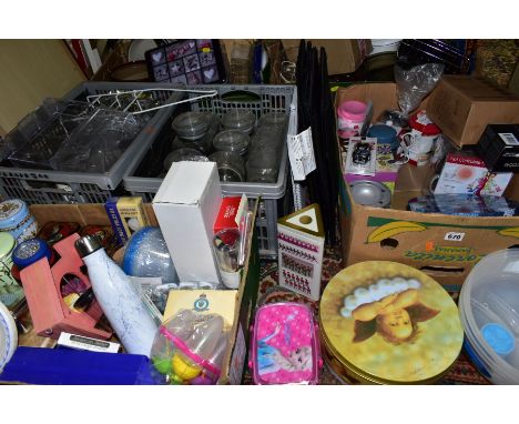 SIX BOXES OF KITCHEN WARES AND STORAGE CONTAINERS ETC, to include glass storage jars, decorative tin storage containers,  box