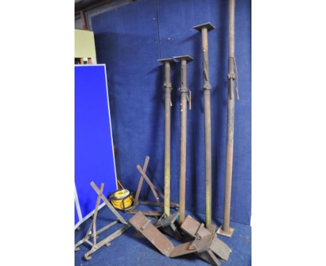 FOUR ACRO PROPS min height 170cm (elements of rust, working but not with ease) four underpinning plates and a pair of ladder 