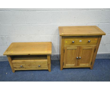 A LIGHT OAK SIDE TABLE, with a single long drawer, width 70cm x depth 36cm x height 80cm, and a matching tv stand (2)