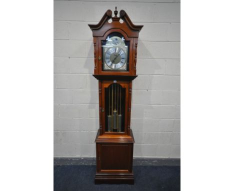 A REPRODUCTION HARDWOOD CHIMING LONGCASE CLOCK,  brassed and silvered dial, tempus fugit label to arch and labelled Moathe, h