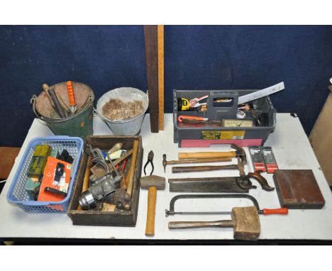 THREE TRAYS OF TOOLS to include various woodworking tools hammers, chisels, saws, files, drill bits, hole saw bits etc and tw