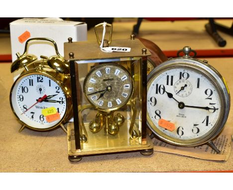 FOUR MANUAL WIND CLOCKS COMPRISING A KERN &amp; SOHNE 400 DAY ANNIVERSARY CLOCK, vintage Westclox Big Ben repeating alarm clo