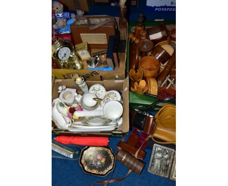 THREE BOXES OF CERAMICS, TREEN AND SUNDRY ITEMS, to include a Royal Crown Derby Derby Posies cake plate, two Royal Albert Mos