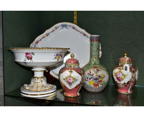 FIVE PIECES OF 19TH AND 20TH CENTURY PORCELAIN, comprising a pair of Noritake ginger jars and covers, pink and gilt with flor