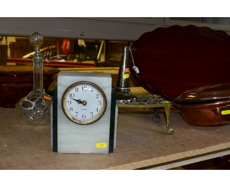 A GROUP OF GLASS, METALWARES AND SUNDRY ITEMS, comprising a geometric, onyx, battery operated mantel clock (fleabites, untest