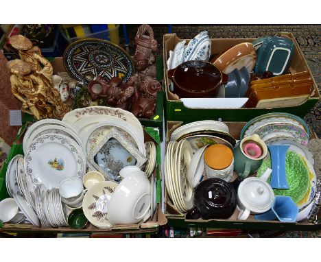 FOUR BOXES OF ASSORTED CERAMIC WARES, to include a pink Bretby Pottery tapering vase height 13.5cm, a pair of similar unmarke
