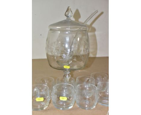 AN ETCHED GLASS PUNCH SET, comprising covered pedestal punch bowl, with etched foliate design, total height 37.5cm, a glass l