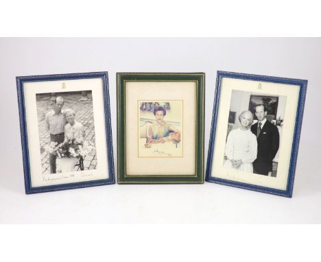 Anne, Princess of England - a signed colour portrait photograph, dated 1989, 11.5 x 8.5cms., together with 2 black and white 