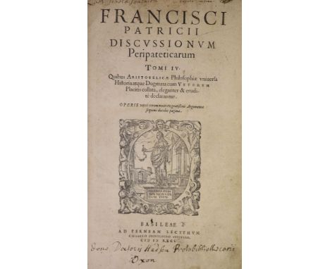 ° Patricius, Franciscus - Discussionum Peripeticarum. Tomi IV ... engraved title device (with portrait on verso), decorated i