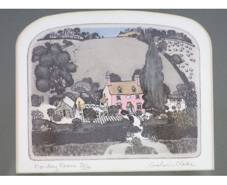 Graham Clarke. Monday Farm. Hand-coloured etching with aquatint. 13.5 x 17cm. Mounted, framed and glazed. Titled, signed, and