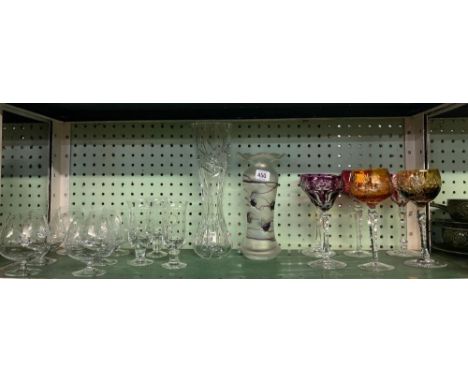 SHELF OF BRANDY GLASSES, WINE GLASSES & VASES