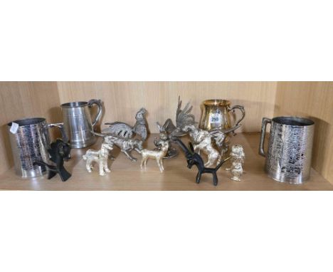 SHELF OF PLATED ANIMALS & TANKARDS