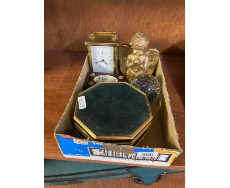 CARTON WITH PAPERWEIGHTS, CARRIAGE CLOCK ETC