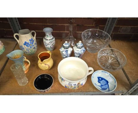 SHELF OF MISC CHINA INCL; JUGS, CHAMBER POT, GLASS BOWLS & OTHER CHINA