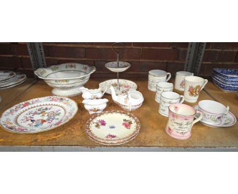 SHELF OF MISC VINTAGE CHINA & COMMEMORATIVE MUGS