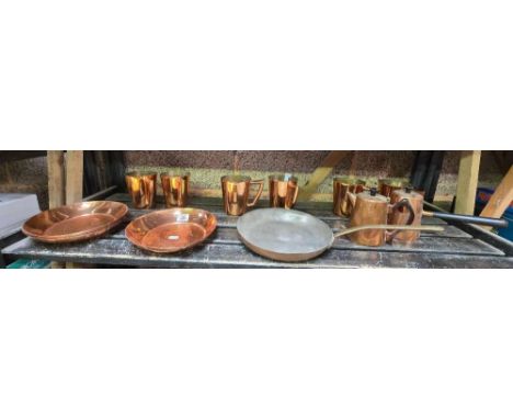 SHELF OF MISC COPPER MUGS & OTHER METALWARE BY MITCHELL ROSE OF RHODESIA