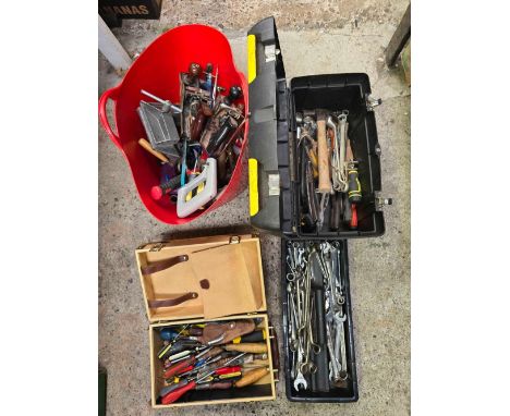 RED TUB, STANLEY TOOL BOX & 1 OTHER COMPLETE WITH CONTENTS