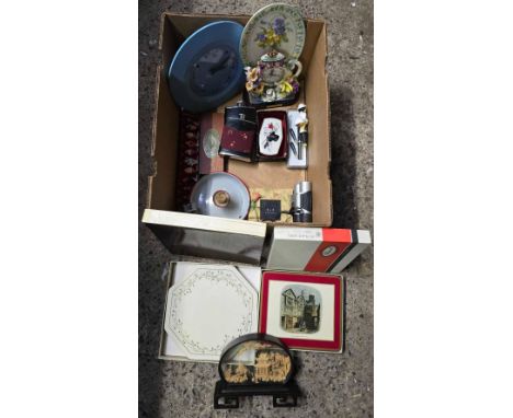 CARTON WITH TABLE MATS, ENAMEL CANDLESTICK HOLDER, BLUE KITCHEN CLOCK & OTHER BRIC-A-BRAC