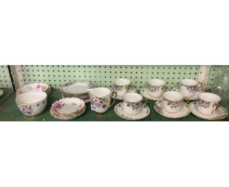 SHELF OF CHINAWARE, SHELLY CUPS & SAUCERS ETC