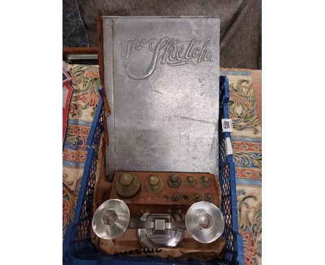 PEWTER 2 BRANCH CANDLESTICKS, A PART SET OF BRASS METRIC WEIGHTS & A METAL FOLDER THE SKETCH A/F CONDITION